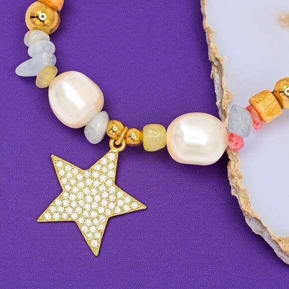 🆕 Y2K Style Colorful Gemstone Bracelet W/ Zirconia Star Charm Stainless Steel - Picture 7 of 13